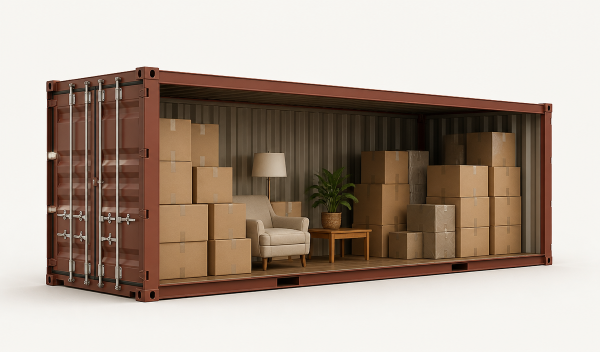 Open shipping container loaded with packed boxes and furniture